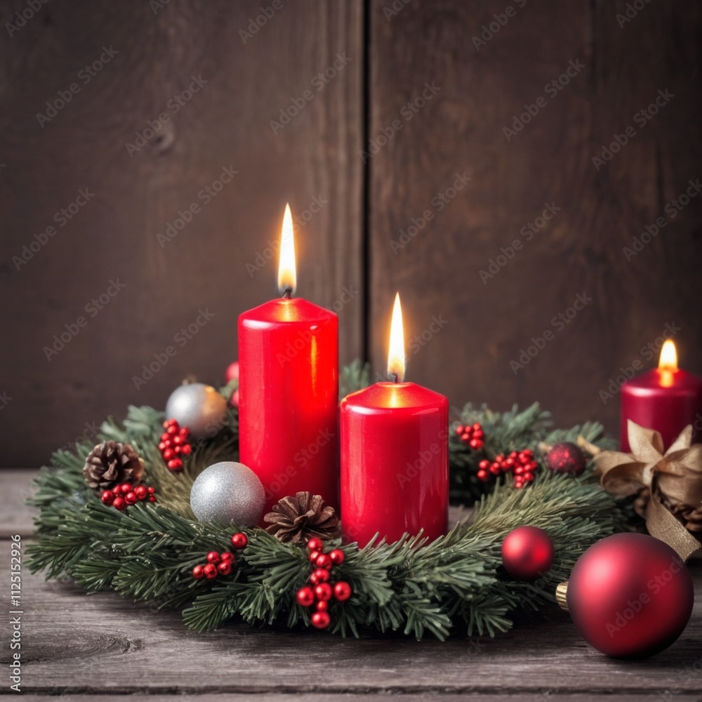 Red Candle with Christmas decoration on rustic wood - Advent Background with wreath on first Advent - Banner, Header, Panorama, Background - Classic Xmas Background for Greeting Card with copy space Red Candle with Christmas decoration on rustic wood - Advent Background with wreath on first Advent - Banner, Header, Panorama, Background - Classic Xmas Background for Greeting Card with copy space