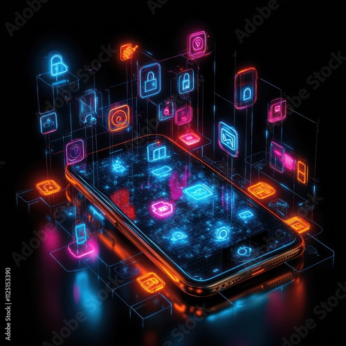 Wallpaper Mural A glowing smartphone surrounded by digital icons representing security and technology concepts. Torontodigital.ca