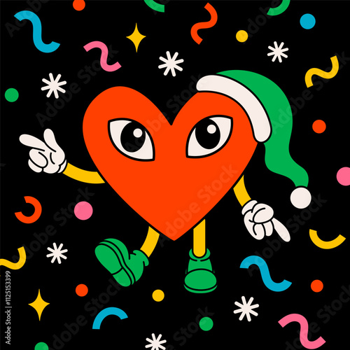 Groovy Christmas cartoon card. vintage funny heart character with eyes and co...