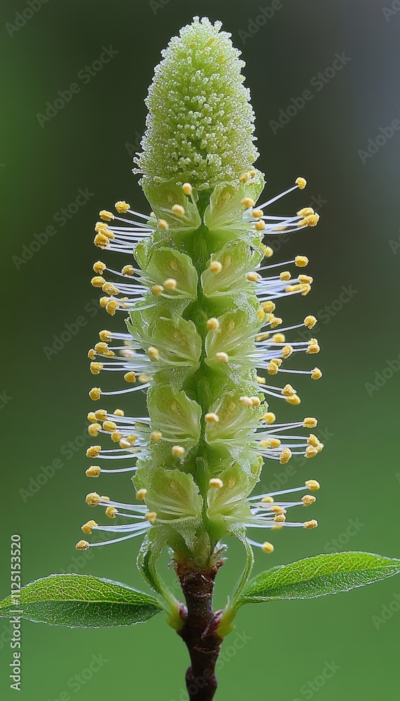 Naklejka premium Close-Up, Detailed Texture of Vibrant Yellow Pollen on a Salix Fragilis, Realistic Photography