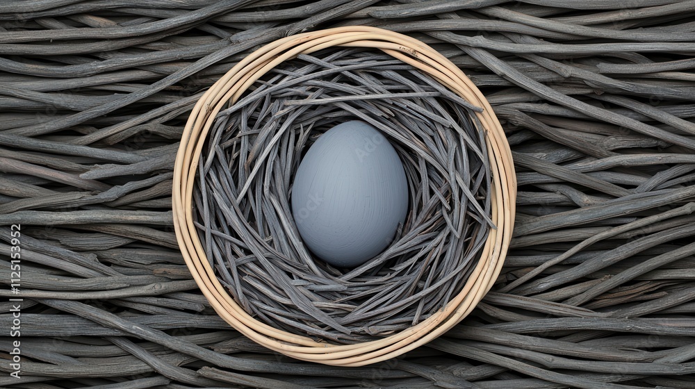 Single Grey Egg in Rustic Woven Nest Basket Single Grey Egg in Rustic Woven Nest Basket