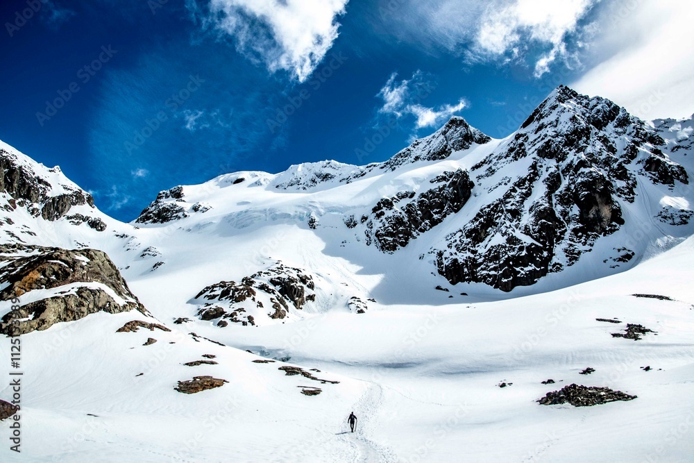 Obraz premium Montañas cubiertas de nieve en zona de glaciares en un día soleado.