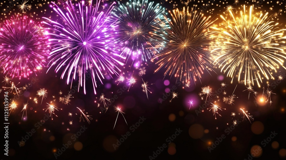 Vibrant New Year's Eve Celebration Background Featuring Colorful Fireworks in the Sky, New Year Concept Banner Design, Fireworks Display on Dark Night Sky, Copy Space, High Quality

