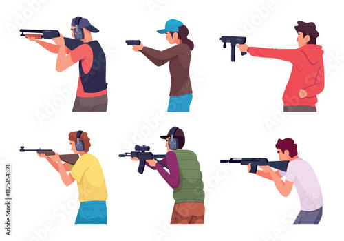 Shooters. Male and female people with weapons aiming and shooting to targets exact vector characters view from the back