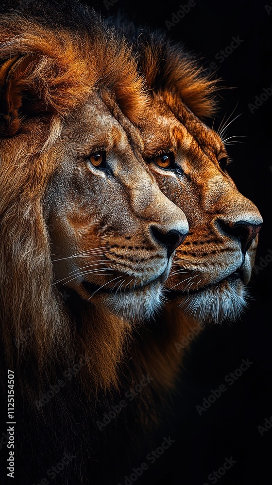 Fototapeta premium Two majestic lions, side profile, dark background.