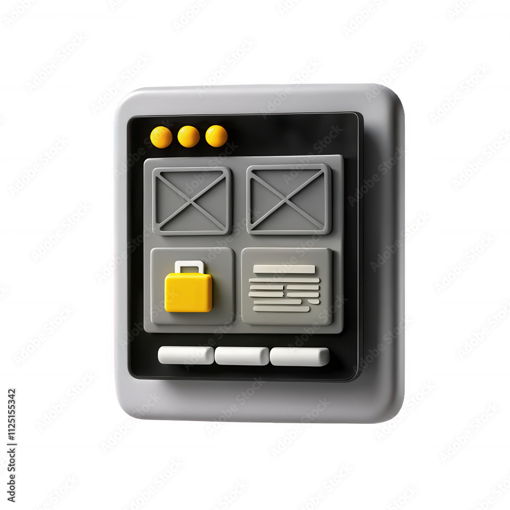 A modern 3D representation of user interface icons featuring buttons and placeholders in gray, black, and yellow colors. Ideal for app design. A modern 3D representation of user interface icons featuring buttons and placeholders in gray, black, and yellow colors. Ideal for app design.