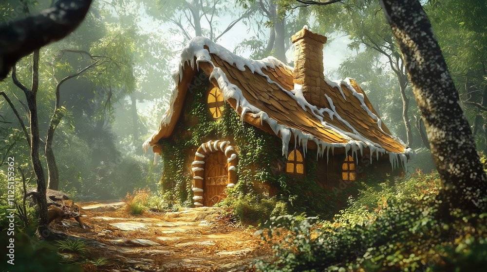 Enchanted forest. Gingerbread house with candy roof. Enchanted forest. Gingerbread house with candy roof.