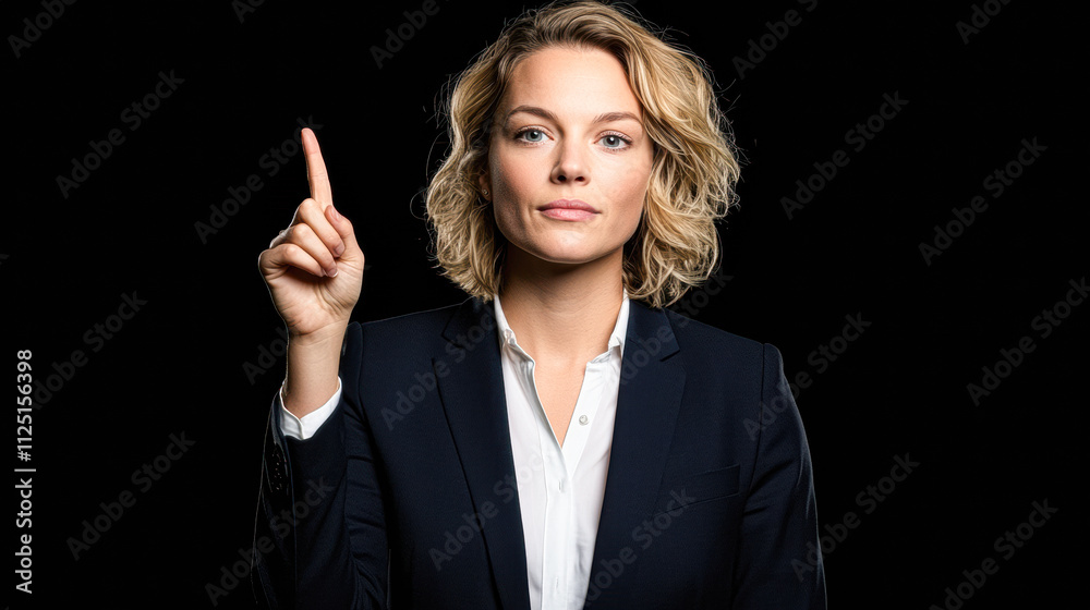 A woman in a business suit is pointing her finger A woman in a business suit is pointing her finger
