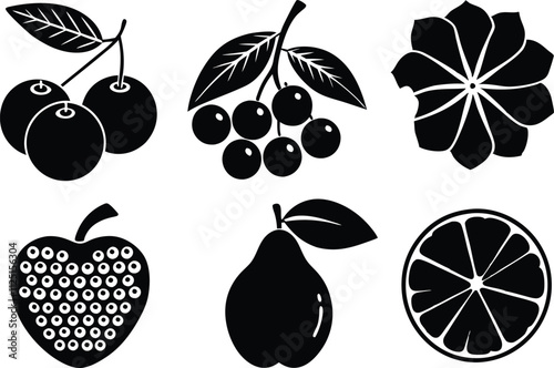 6-vector silhouette fruits icon set features a collection of fruit icons in a clean and minimalist style. Perfect for food-related projects, product labels, packaging, menus, and digital designs.  photo