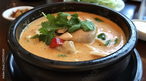 Delicious bowl of spicy soup with herbs. photo