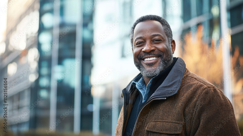 Smiling Afro American man with a beard standing in front of a glass-fronted building in a cityscape. He wears a brown jacket over a dark sweater and a collared shirt for a layered, comfortable look Smiling Afro American man with a beard standing in front of a glass-fronted building in a cityscape. He wears a brown jacket over a dark sweater and a collared shirt for a layered, comfortable look