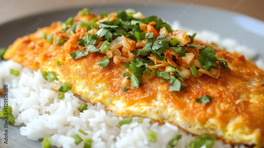 Delicious omelette served with steamed rice. Delicious omelette served with steamed rice.