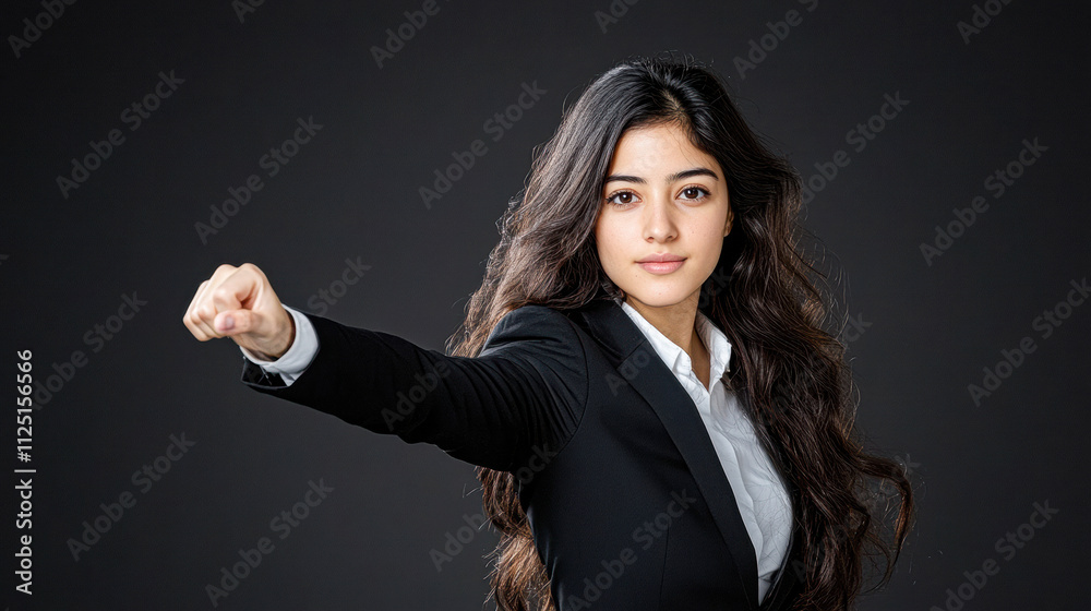 A woman in a business suit is pointing her finger A woman in a business suit is pointing her finger
