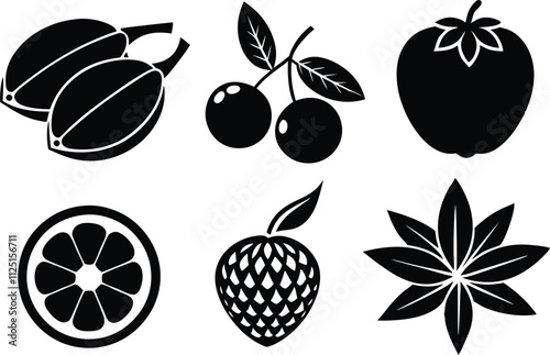 6-vector silhouette fruits icon set features a collection of fruit icons in a clean and minimalist style. Perfect for food-related projects, product labels, packaging, menus, and digital designs.  photo