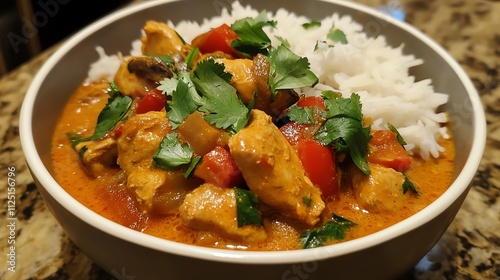 Delicious curry with rice and fresh herbs.