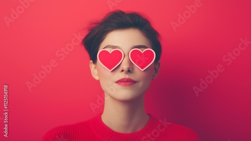 A stylish woman poses confidently against a vibrant red background, playfully wearing heart-shaped sunglasses. Her chic look embodies love and modern lifestyle trends. photo