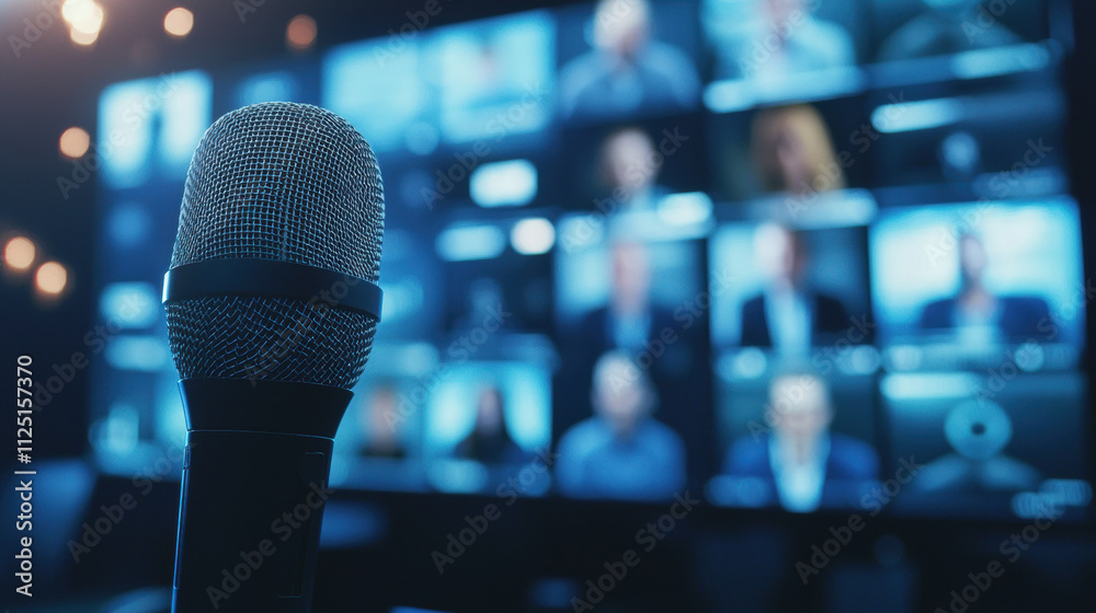 Fototapeta premium Microphone in focus with blurred video conference participants in background, creating dynamic atmosphere for virtual communication