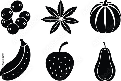 6-vector silhouette fruits icon set features a collection of fruit icons in a clean and minimalist style. Perfect for food-related projects, product labels, packaging, menus, and digital designs.  photo