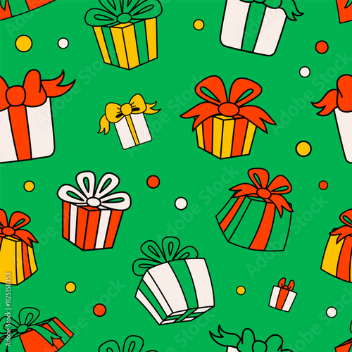 Groovy Christmas seamless pattern with gift boxes on green background. vintag...
