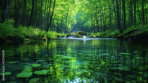 Serene forest stream reflecting lush greenery.