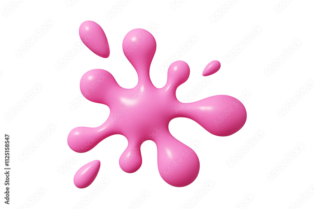 Pink liquid blob shape with 3d vector abstract splat design. Glossy paint spill featuring rounded edges and droplets creates dynamic splash effect. Modern decorative element for creative projects. Pink liquid blob shape with 3d vector abstract splat design. Glossy paint spill featuring rounded edges and droplets creates dynamic splash effect. Modern decorative element for creative projects.
