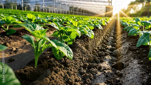 Vibrant Green Tobacco Plants in a Greenhouse at Sunset