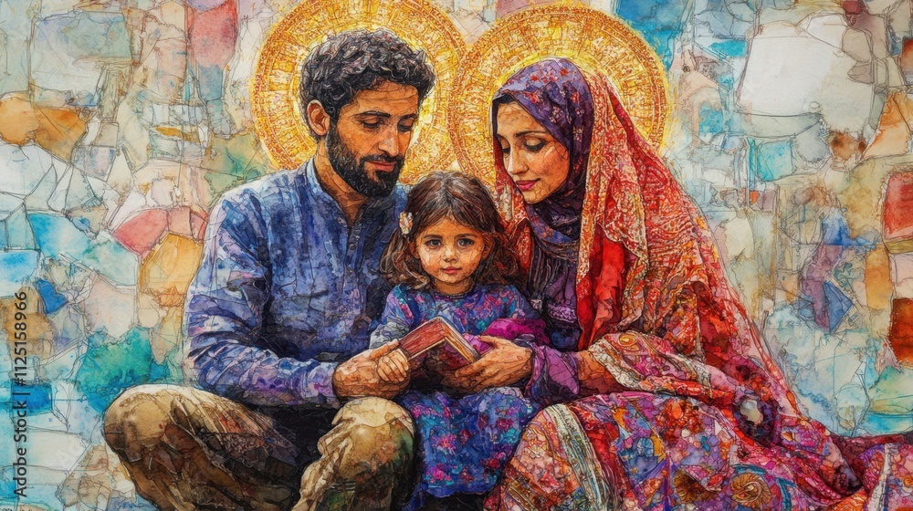 Holy Family depicted in intricate watercolor, glowing halos radiating divine light, with a serene and detailed atmosphere. Holy Family depicted in intricate watercolor, glowing halos radiating divine light, with a serene and detailed atmosphere.