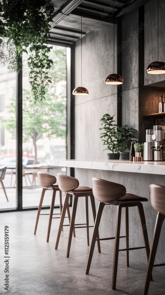 Fototapeta premium Bright cafe interior with white bar counter, wooden stools, and green plants. Modern minimal design with hanging greenery 