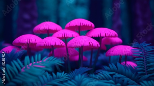 A vibrant cluster of pink mushrooms stands out amidst lush green ferns, creating an enchanting scene in a mystical forest. Ideal for nature lovers and fantasy themed projects. photo