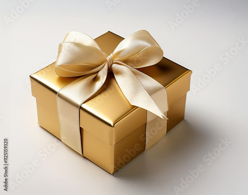 golden gift box with a beige bow on a white background