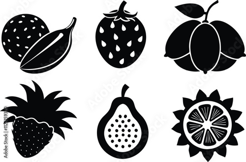 6-vector silhouette fruits icon set features a collection of fruit icons in a clean and minimalist style. Perfect for food-related projects, product labels, packaging, menus, and digital designs.  photo