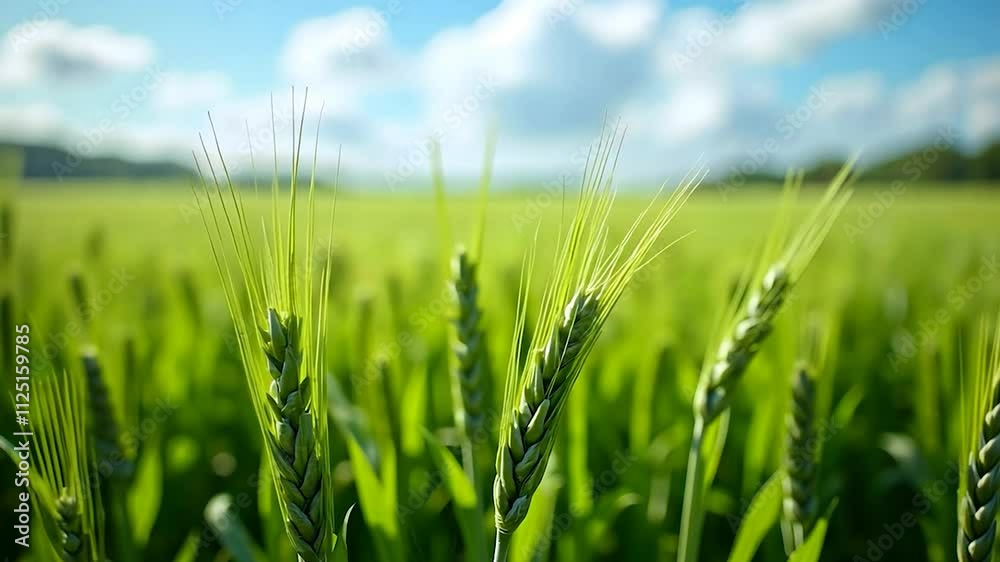 Close-up of Green Wheat Growing in a Field Under a Sunny Sky Close-up of Green Wheat Growing in a Field Under a Sunny Sky