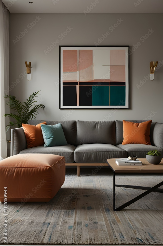 Fototapeta premium minimalist living room interior design, 3d render, sofa with colorful pillows, geometric art poster frame, modern decor