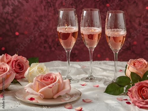 luxury evening with champagne setting with two glaRomanticsses rose petails and candles photo