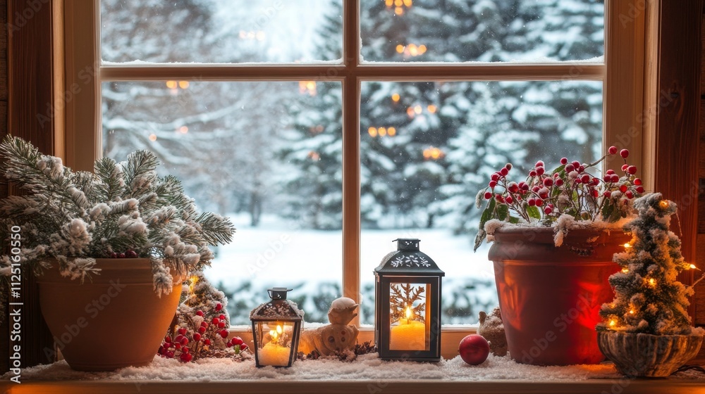 Tranquil Winter Scene with Cozy Decor and Snowy Background Tranquil Winter Scene with Cozy Decor and Snowy Background