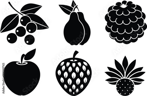 6-vector silhouette fruits icon set features a collection of fruit icons in a clean and minimalist style. Perfect for food-related projects, product labels, packaging, menus, and digital designs. 