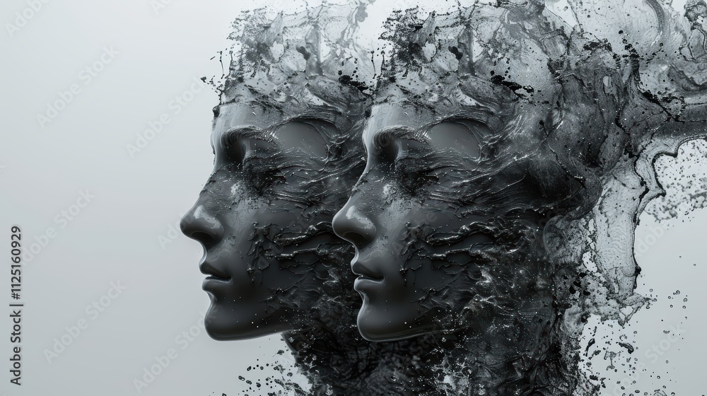 An abstract concept of duality represented through digitally interpreted human faces dissolving into intricate, fluid-like structures that evoke a sense of ethereal transformation An abstract concept of duality represented through digitally interpreted human faces dissolving into intricate, fluid-like structures that evoke a sense of ethereal transformation