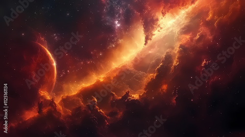 Breathtaking view of a distant planet with a vibrant nebula and a starry sky. Omniscient. Illustration