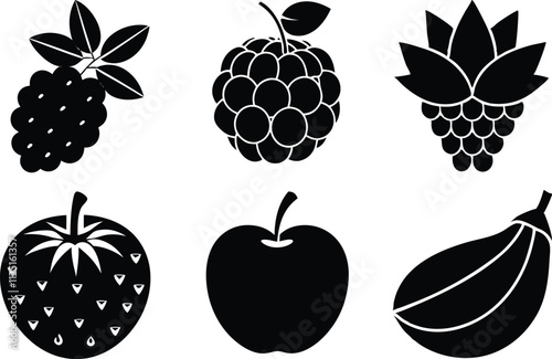 6-vector silhouette fruits icon set features a collection of fruit icons in a clean and minimalist style. Perfect for food-related projects, product labels, packaging, menus, and digital designs. 