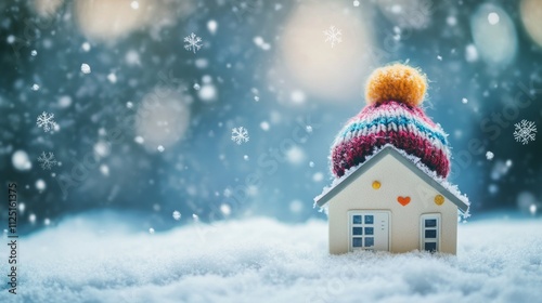 Cozy Model House on Snow Covered Ground with Falling Snowflakes