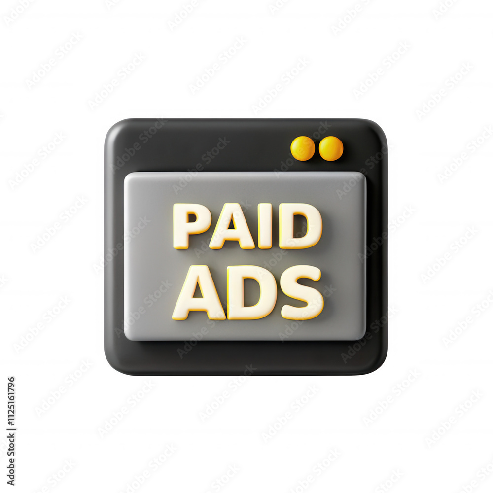 A 3D model of a 'Paid Ads' button in grey and yellow colors, emphasizing digital advertising. Ideal for representing online marketing concepts.