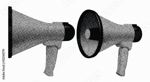 Vector loudspeaker isolated on transparent background. with halftone stipple effect, for grunge punk y2k collage design. Vector illustration in grainy photocopy texture for experimental dotted retro b