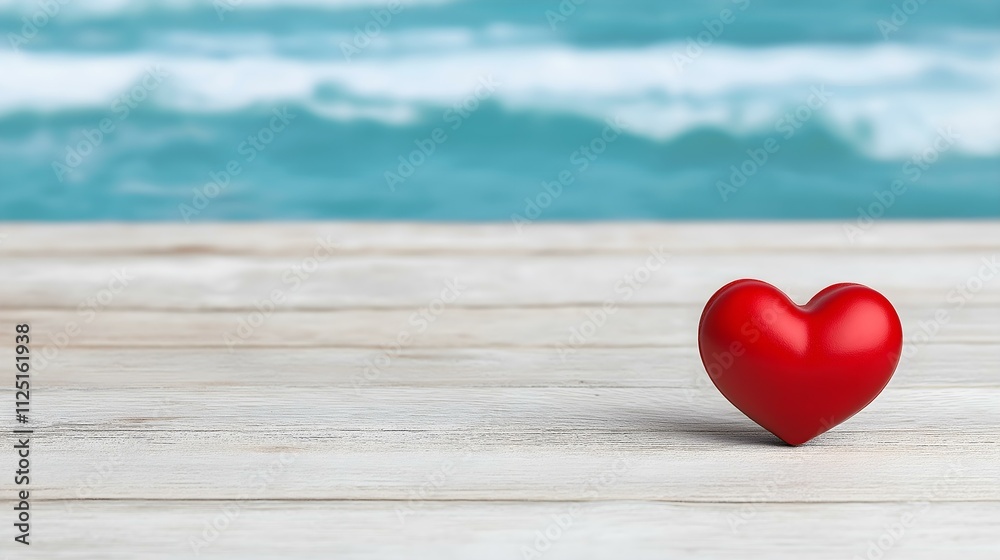 A vibrant red heart symbol rests on a wooden surface, evoking feelings of love and warmth. The soft ocean waves in the background enhance the serene and calming atmosphere. A vibrant red heart symbol rests on a wooden surface, evoking feelings of love and warmth. The soft ocean waves in the background enhance the serene and calming atmosphere.
