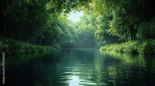 Serene bamboo forest canal. Sunlight filters through lush green bamboo, reflecting on calm water.