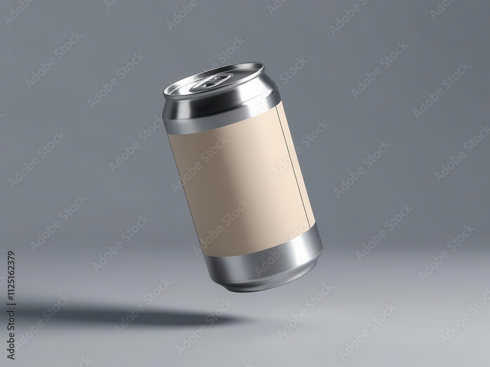 A floating, blank soda can with a metallic finish, perfect for showcasing beverage branding and designs. A floating, blank soda can with a metallic finish, perfect for showcasing beverage branding and designs.