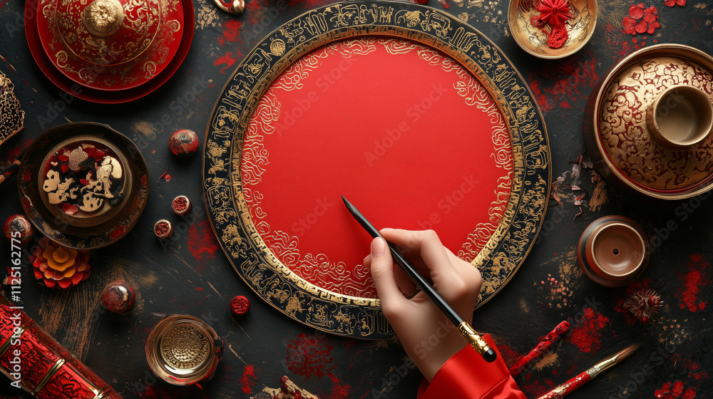 Naklejka premium Artistic Chinese Calligraphy Setup with Red Plate