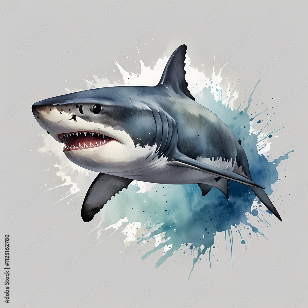 Fototapeta premium Watercolor great white shark swimming out of ocean water, isolated on white background. Ocean animal.