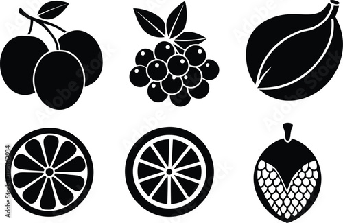 6-vector silhouette fruits icon set features a collection of fruit icons in a clean and minimalist style. Perfect for food-related projects, product labels, packaging, menus, and digital designs.  photo