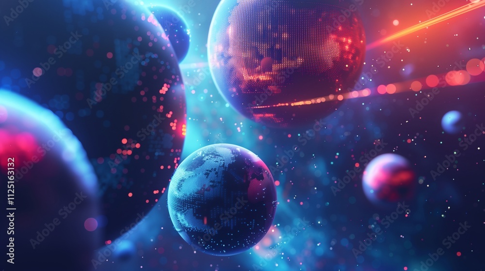 Planets with abstract, pixelated designs, floating in a digital-like space with neon highlights. Planets with abstract, pixelated designs, floating in a digital-like space with neon highlights.