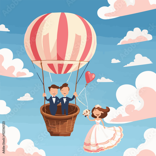 Cute love couple flying in large hot air balloon. Happy family have travel adventure. Happy people celebrate anniversary. Just married. Young adults fly over mountains. Trendy vector illustration.	